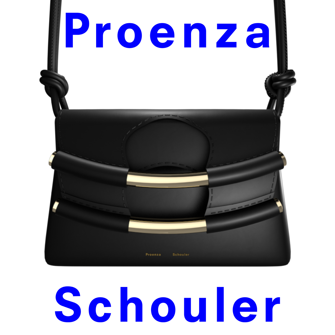 A 3D model of a black leather bag by Proenza Schouler against a white background with the brand's logo in blue framing the image.