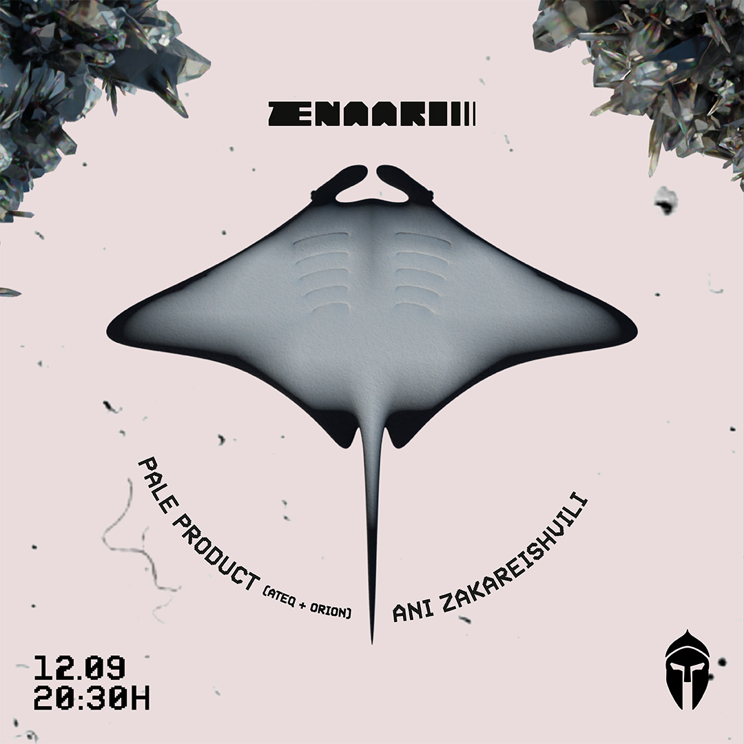 A flyer for Pale Product's performance at Zenaari (Bassiani) featuring a 3D modeled manta ray viewed from below, against a pale pink background and with crystal formations in the top two corners.